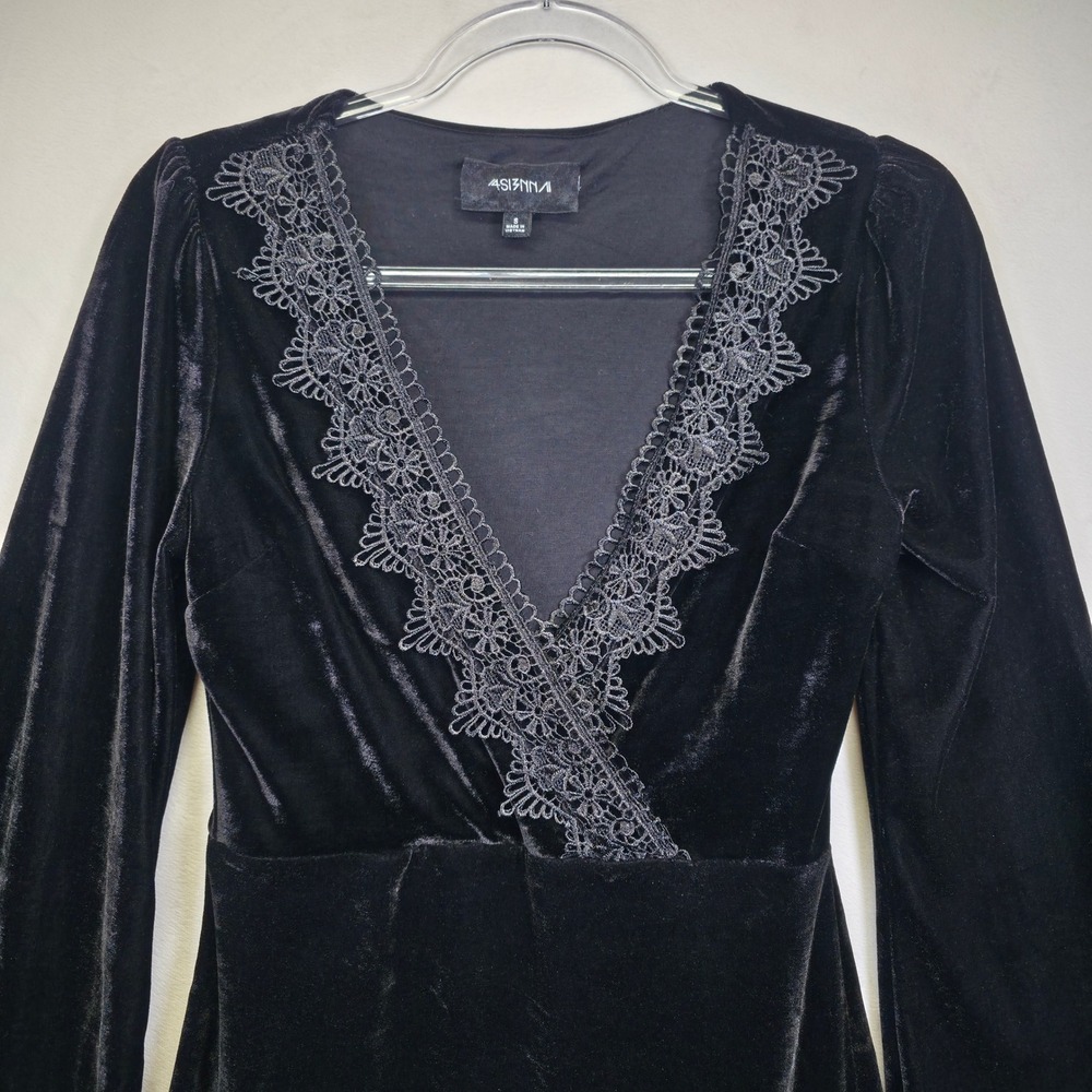 4SISNNA Velvet Lace Dress Womens S Black Gothic Romantic Dark WhimsigothY2K - Picture 13 of 16